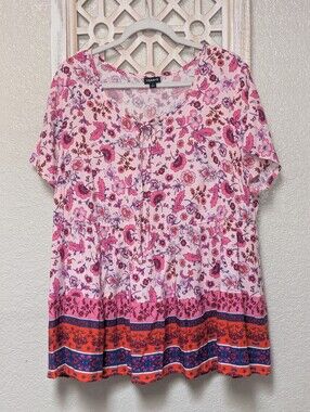 Torrid Blouse Women's 1X Pink Floral Short Sleeve Round Neck Artsy Boho Peasant